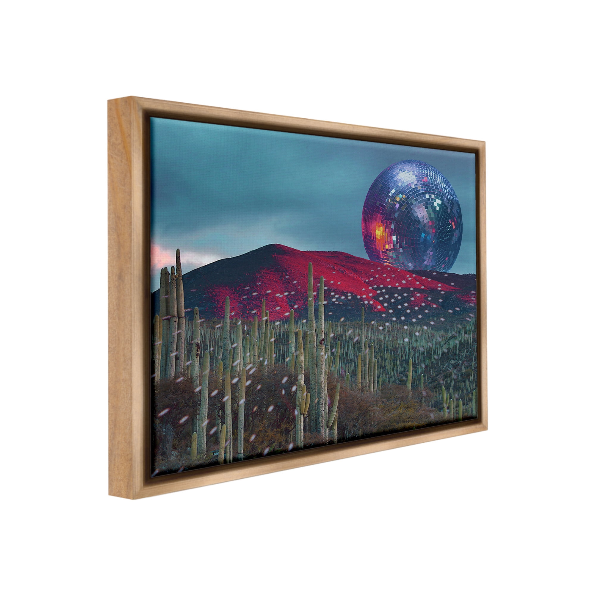 Stupell Industries Disco Ball in Desert Landscape Painting Brown Floater Framed Canvas Art Print Wall Art, 21 x 17