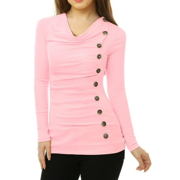 INSPIRE CHIC Women's Cowl Neck Long Sleeve Top Button Decor Ruched Front Regular Fit Pullover Top XL Light Pink