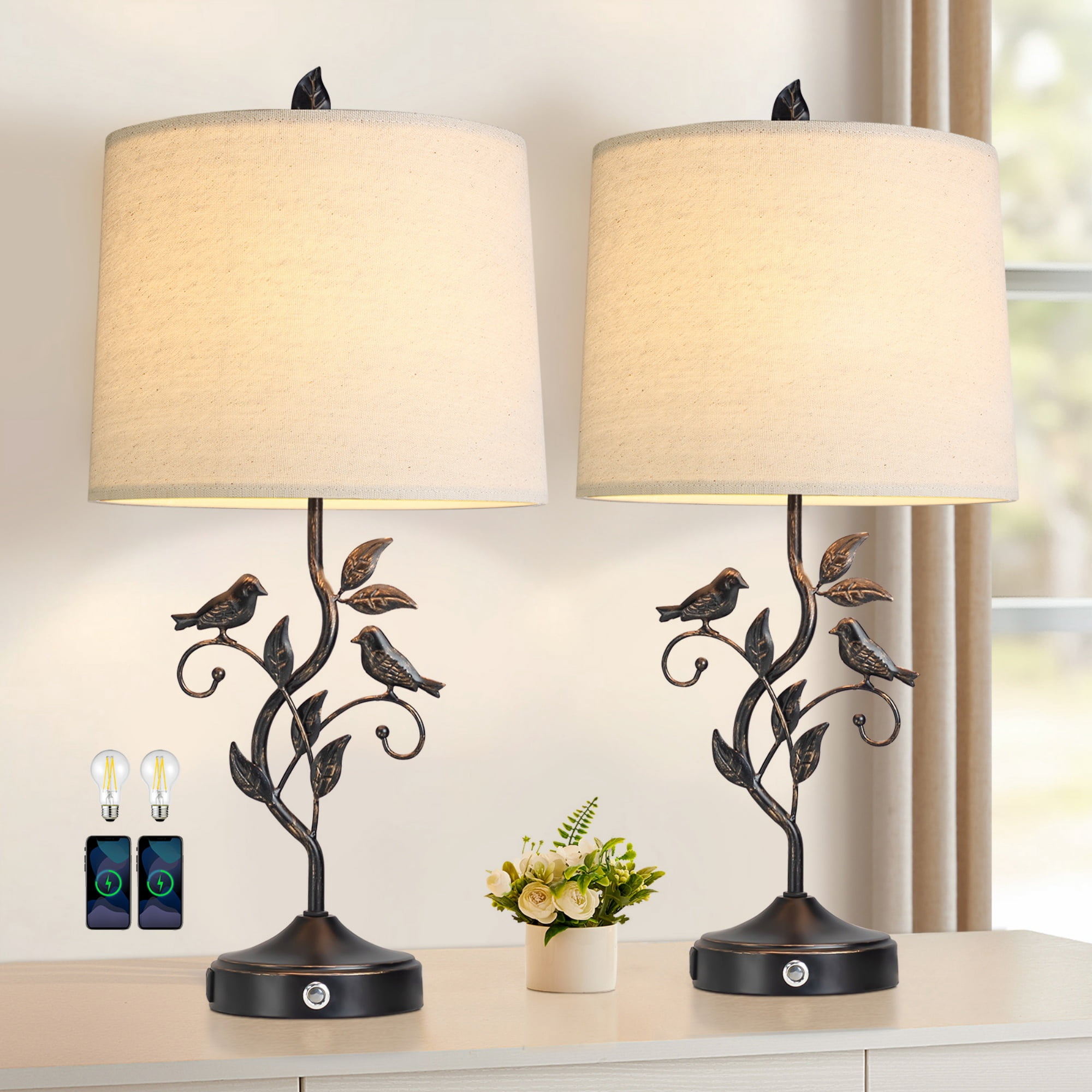 JUJUYUYOP 27"Rustic-Style Black Table Lamps Set of 2, with Dual USB Charging Ports and Linen Shades, Perfect for Bedside Tables, Living Rooms, and Home Offices