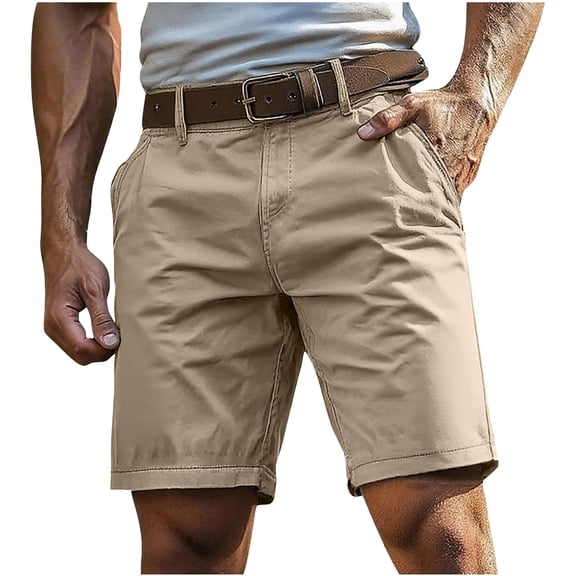 QSAWXQZ Men's Flat Front Chino Shorts Solid Color Golf Trunks Business Casual Summer Bottoms with Pockets Khaki L