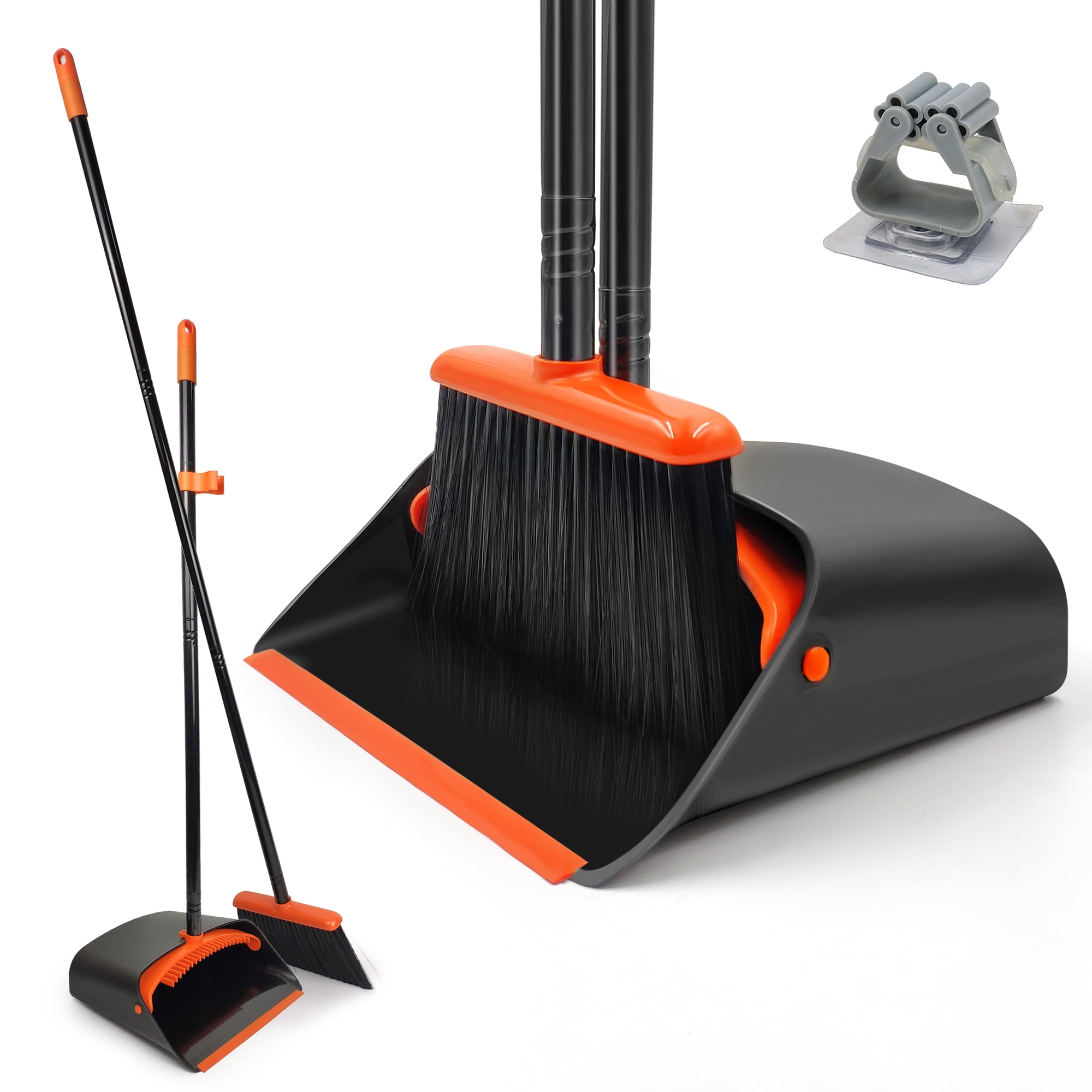 Broom for Indoor Outdoor Garage Kitchen Room Office Lobby Use Broom and Dustpan Set Heavy Duty Dust Pan with 55 Long Handle Upright Dustpan Broom Set Gray and Orange Large Broom and Dustpan 
