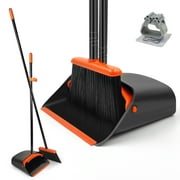 Broom and Dustpan Set for Home, JEHONN Long Handle Lightweight Broom Set with Comb Teeth (Orange Black)