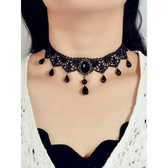 EOEMY Tassel Crystal Black Lace Choker For Women Jewelry For Women Necklace-Default