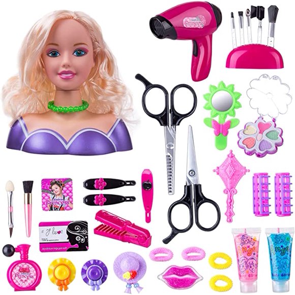 Hair Styling and Makeup Head, 35 Pieces Makeup Hair Accessories for Kids, Hairdressing Doll Makeup Toy Little Girl