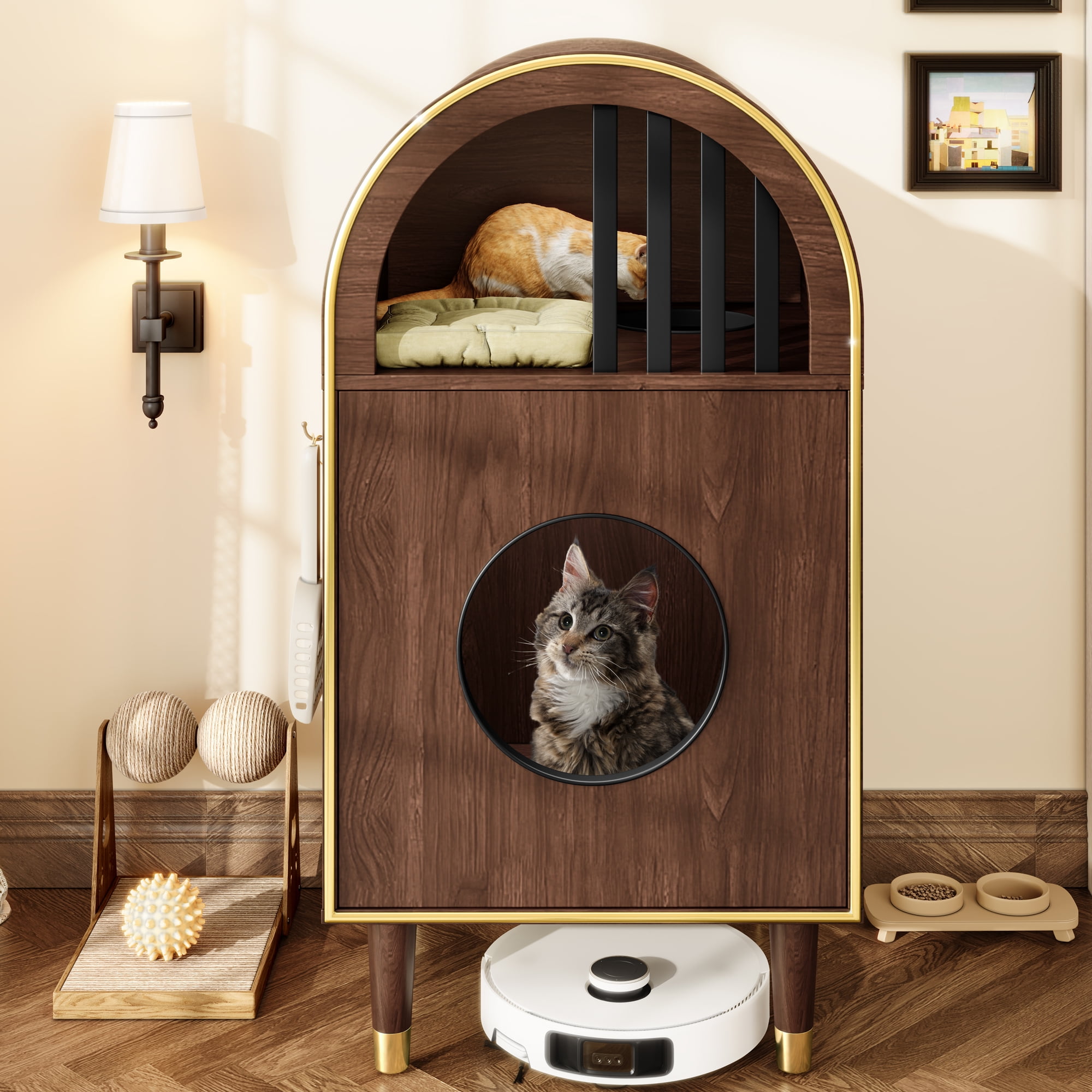 Cat Litter Box Enclosure 2-In-1 Condo Bed Two Level Haven 29.87LBS 44LBS Capacity Modern Arch Espresso Natural Wood Grain Dual Cat Shelter Furniture Side Hooks Plus Robot Vacuum Compatible For Home