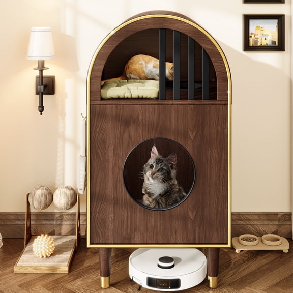 Eyisean 18" 2-in-1 Wooden Condo Cat Bed with 2-Tier Haven, Modern Cat Litter Box Enclosure with Arch Design & Side Hooks, Durable Kitty House with Non-Slip Metal Foot Cover for Living Room