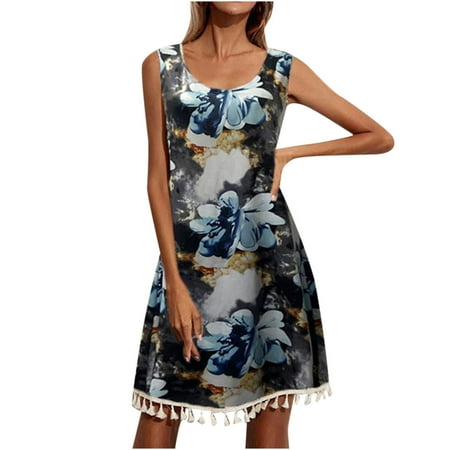 

Maternity Dress Prom Dress Women Trendy Retro Sleeveless Crew Neck Baggy Leisure Printed Tassel Dress Clearance 2022 Wedding Dresses for Bride Valentines Day Dress Blue XL