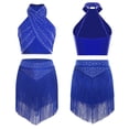 thumbnail image 3 of iiniim Women's Cha Cha Latin Salsa Dance Outfits Sleeveless Ruched Crop Top with Fringe Swing  Skirt Blue L, 3 of 7
