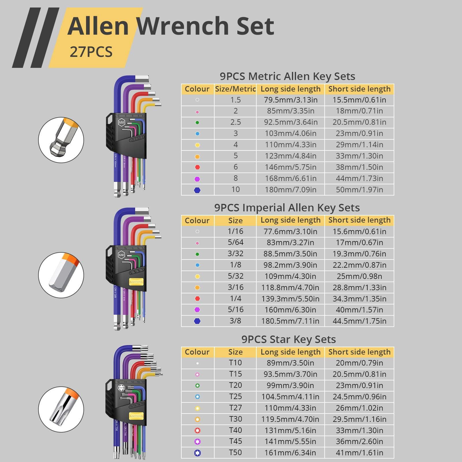 Hex Keys Set - Allen Key & Torx  Metric/imperial 27pcs Wrench Long Arm Ball Head Design With T-handle Color Coding 1.5-10mm T10-t50 1/16-3/8