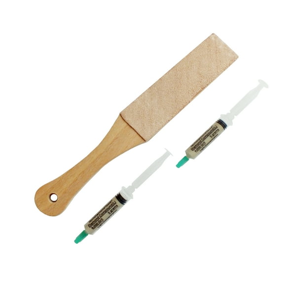 TechDiamondTools Set of 11” Long Leather Paddle Strop for Knife Sharpening and Two Diamond Polishing Compounds with High Concentration for Sharpening Knives, Double Sided Leather Strop USA made