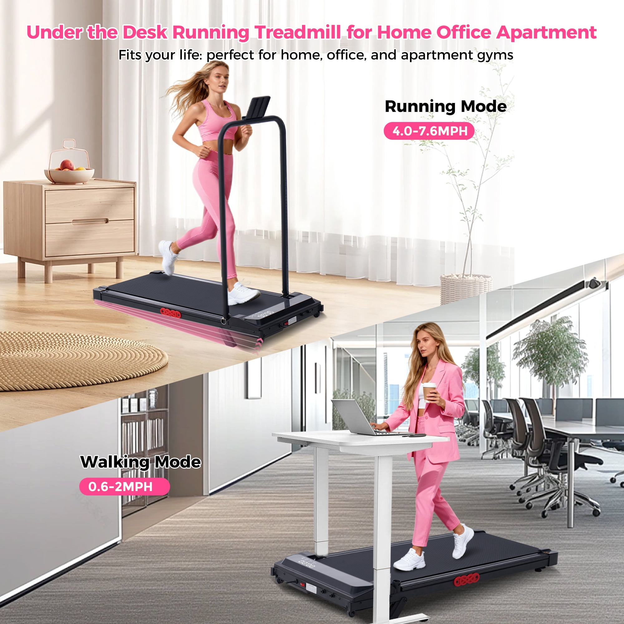 Walking Pad Treadmill with Handle Bar & Incline,3.0HP Compact Portable Treadmills for Home, Electric Walking Pads with Handles,0.6-7.6mph,350lbs