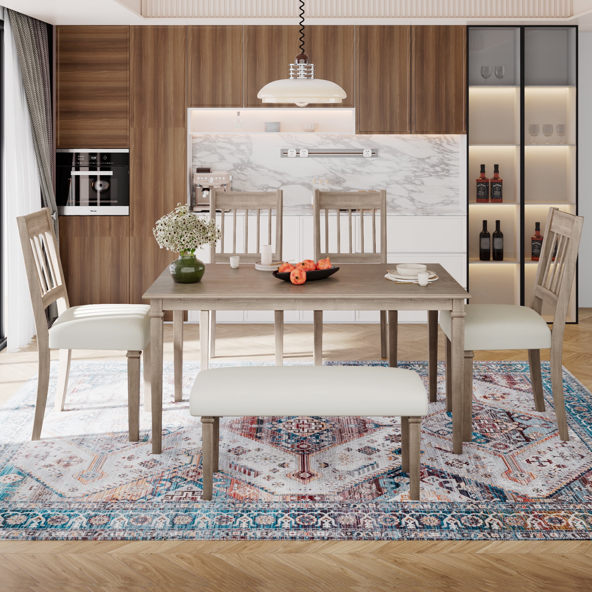 Euroco 6 Pieces Wood Dining Table Set with Bench,Retro Rectangular Table with 4 Upholstered Chairs & 1 Bench for Kitchen & Dining Room,Brown
