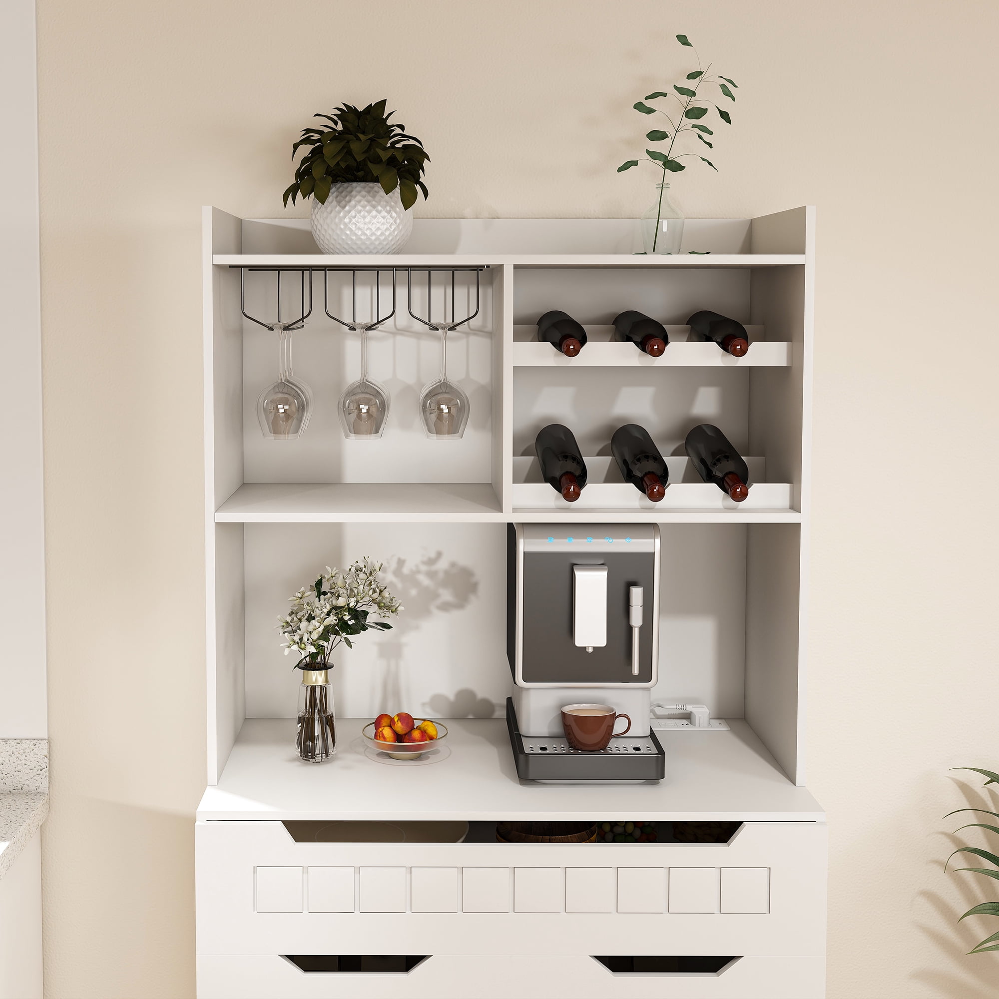 Pantry Hutch, Buffet with Hutch&nbsp;Storage with 2 Cabinets, Anti-Tip Anchors, for Dining Room, White MDF, 70.87 Inch H