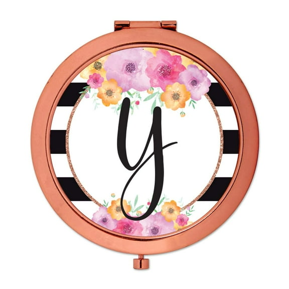 Koyal Wholesale Compact Mirror Bridesmaid's Wedding Gift, Rose Gold, Monogram Letter Y, Modern Black White Stripes