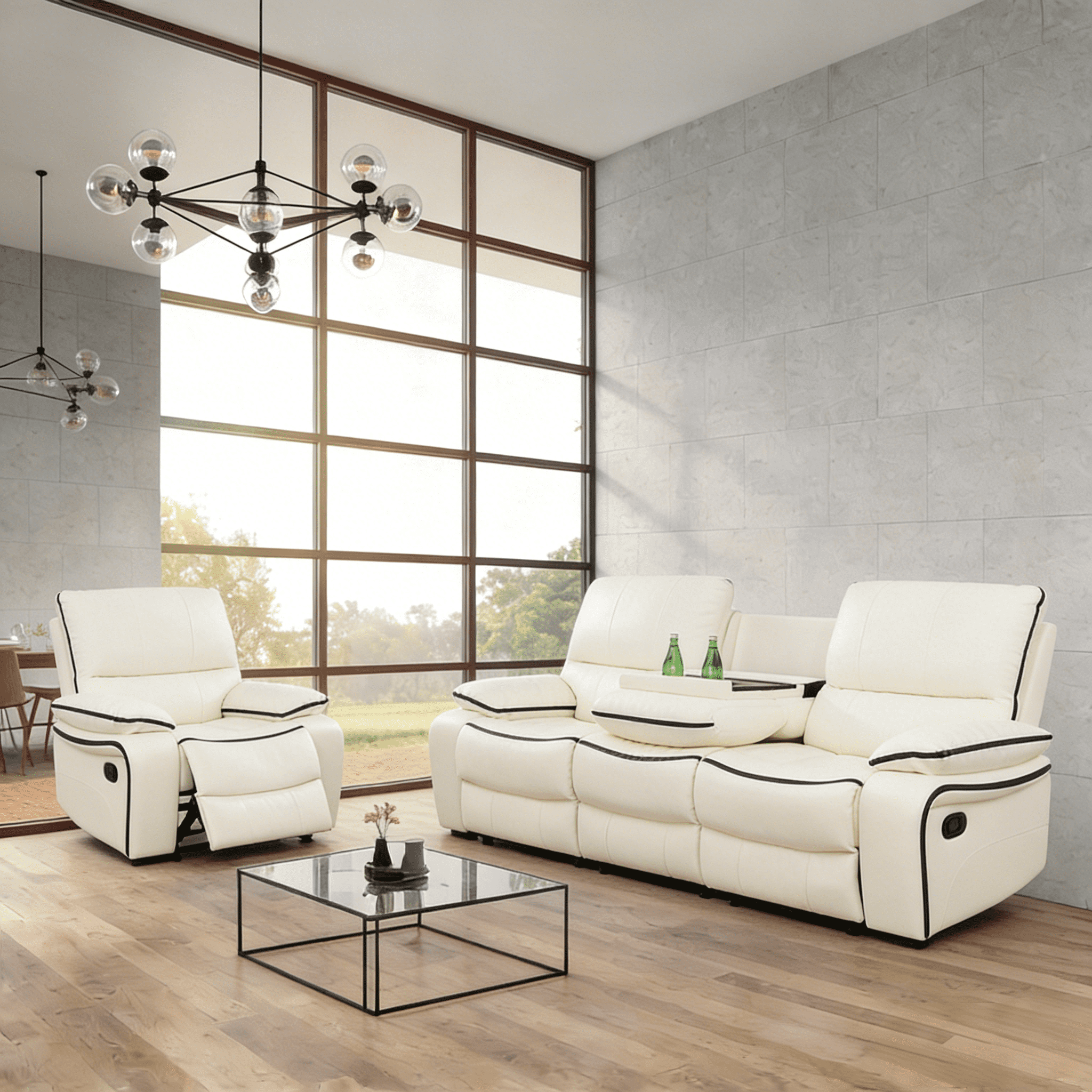 Gewnee 3-Seat Sofa and Recliner with Console & Cup Holders, Air Leather and High-Elasticity Sponge, Adjustable Reclining Angle, Ideal for Living Room, Off-white