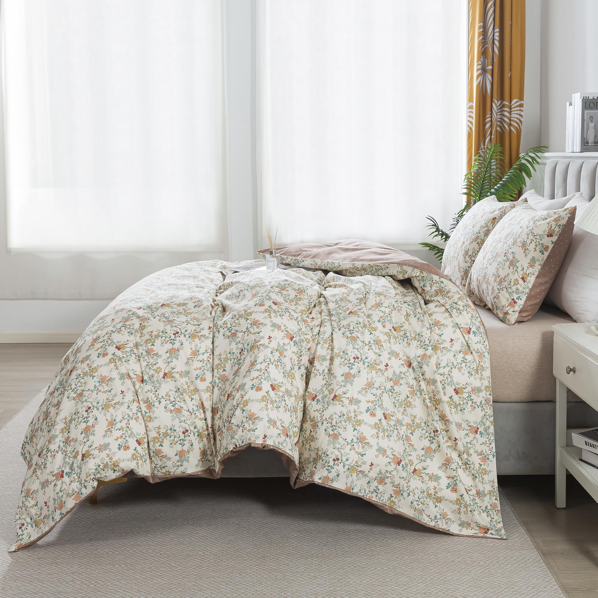 HoneiLife 3pc Duvet Cover Queen Size - 100% Cotton Comforter Floral Breathable Duvet Cover with Zipper Closure & Corner Ties, Brown Branches