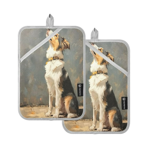 BZSMCE Pot Holder Oven Mitts Cooking baking Light Brown and White Dog Look Up Creative Pattern Size:7x9.8in