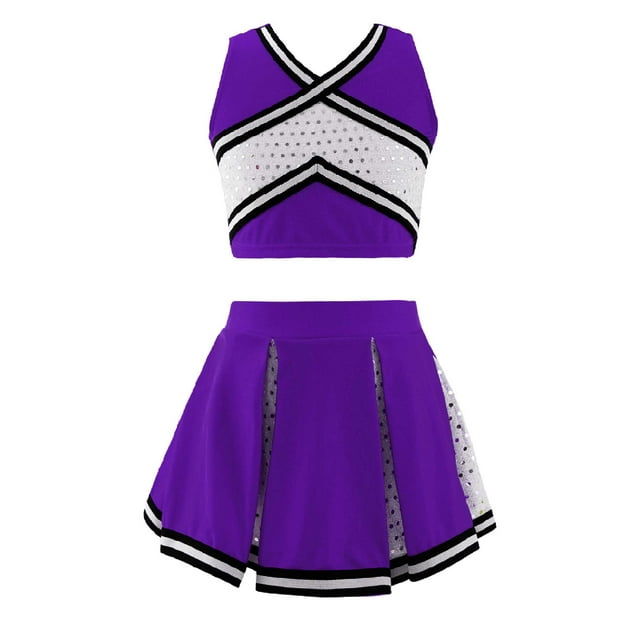 TSSOE Child High School Cheer Leader Costume for Girls Dance Tank Top with Pleated Skirt Set Purple 14