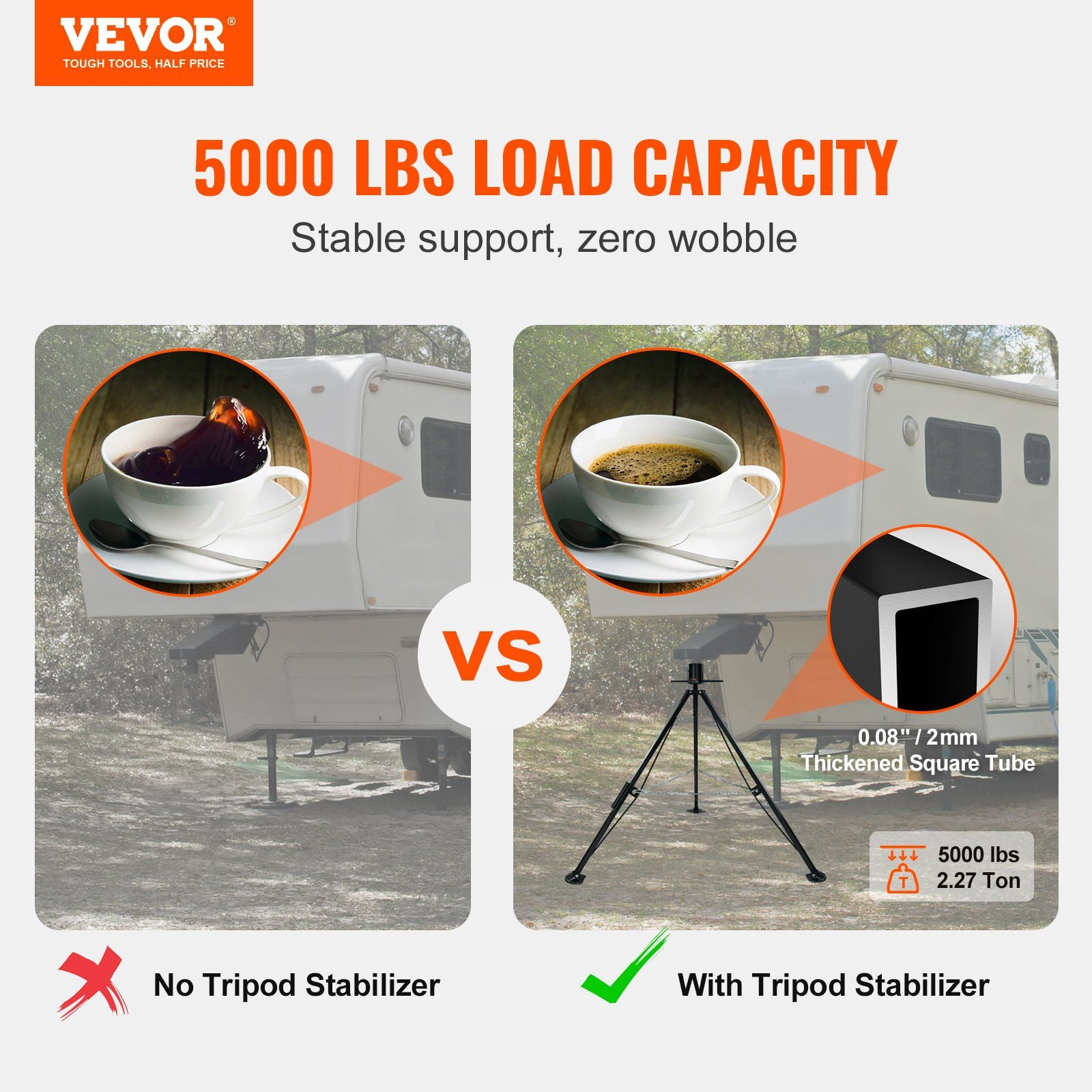 5000 LBS Capacity 5th Wheel Tripod Stabilizer, Adjustable 35"-57" Height, Heavy-Duty RV Trailer Jack for Campers & Gooseneck Trailers