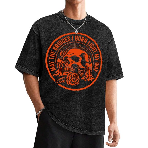 MAY THE BRIDGES I BURN LIGHT Skull Print Men'S T-Shirt, Top Menswear Tee ShirtWashed Tee