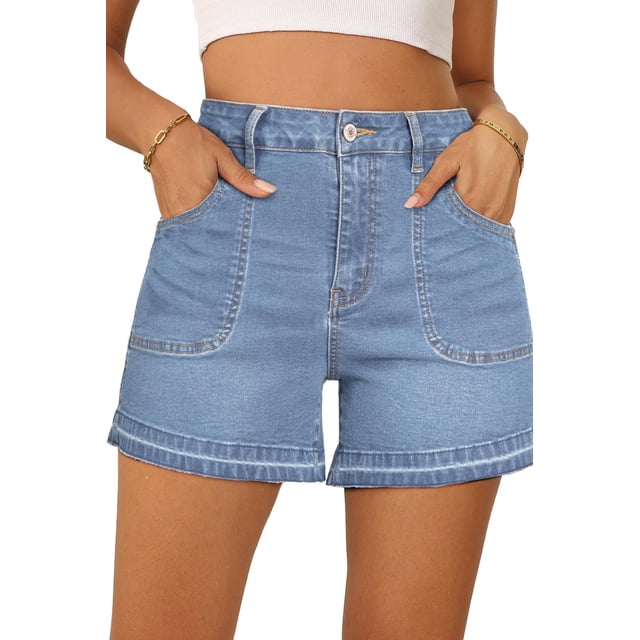 Pantalones cortos de mezclilla Dokotoo para mujer, elásticos, cintura alta, color azul
