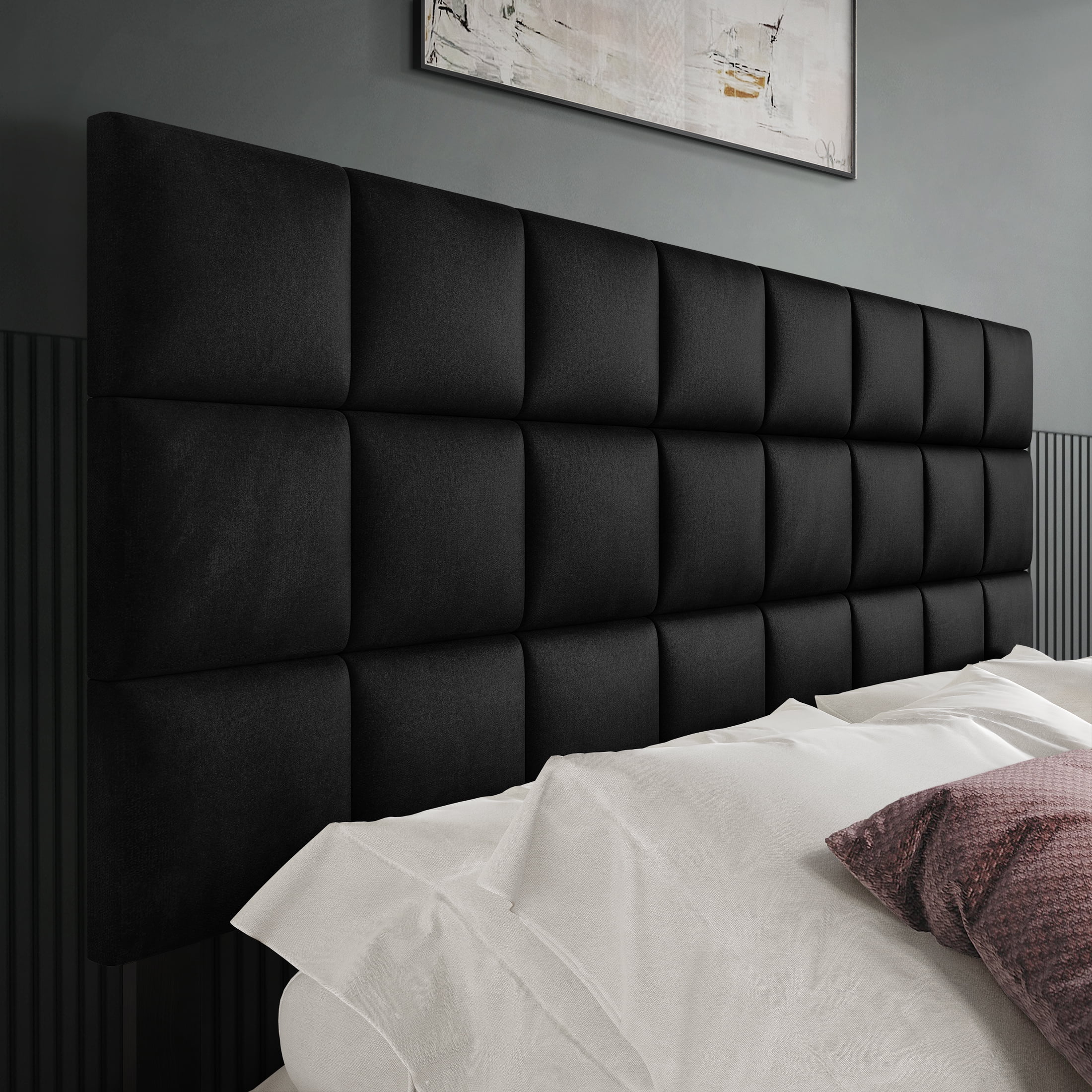 Castle Place Classic Sqaure Tufted Velvet Upholstered Full Headboard, Black