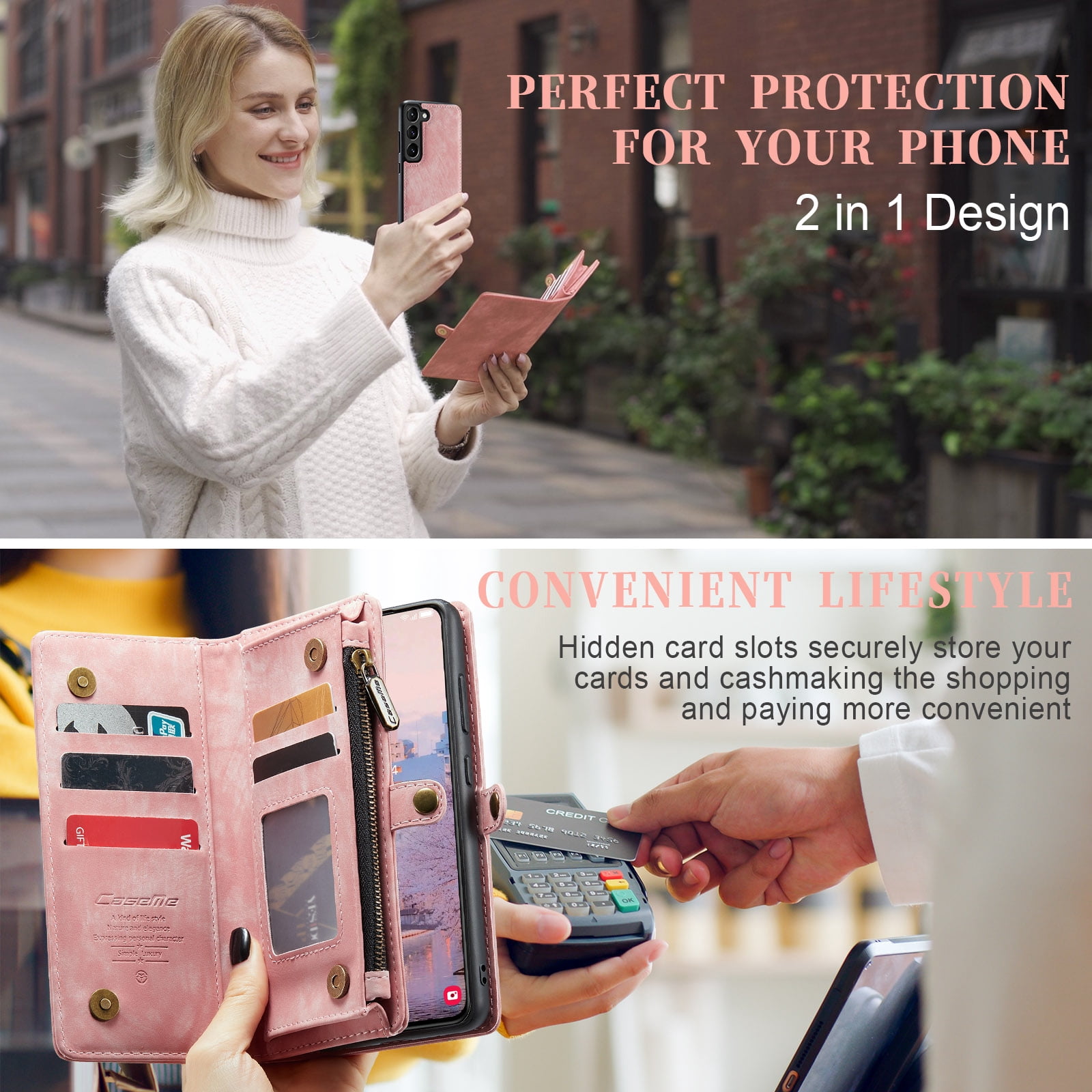 Allytech Magnetic Detachable Wallet Case for Samsung Galaxy A16 5G with Card Slots & Zipper Pocket, Support Wireless Charging, PU Leather Wrist Strap Shockproof Full Protection Flip Case, Pink