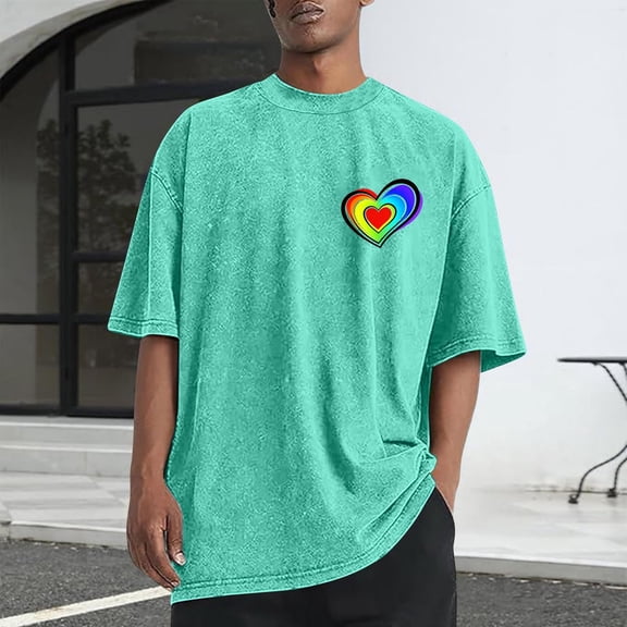 EchfiProm Mint Green Graphic Tees for Men Shirts Valentine Cotton Crewneck Short Sleeve Heart Graphic Big and Tall Mens Tops 4XL