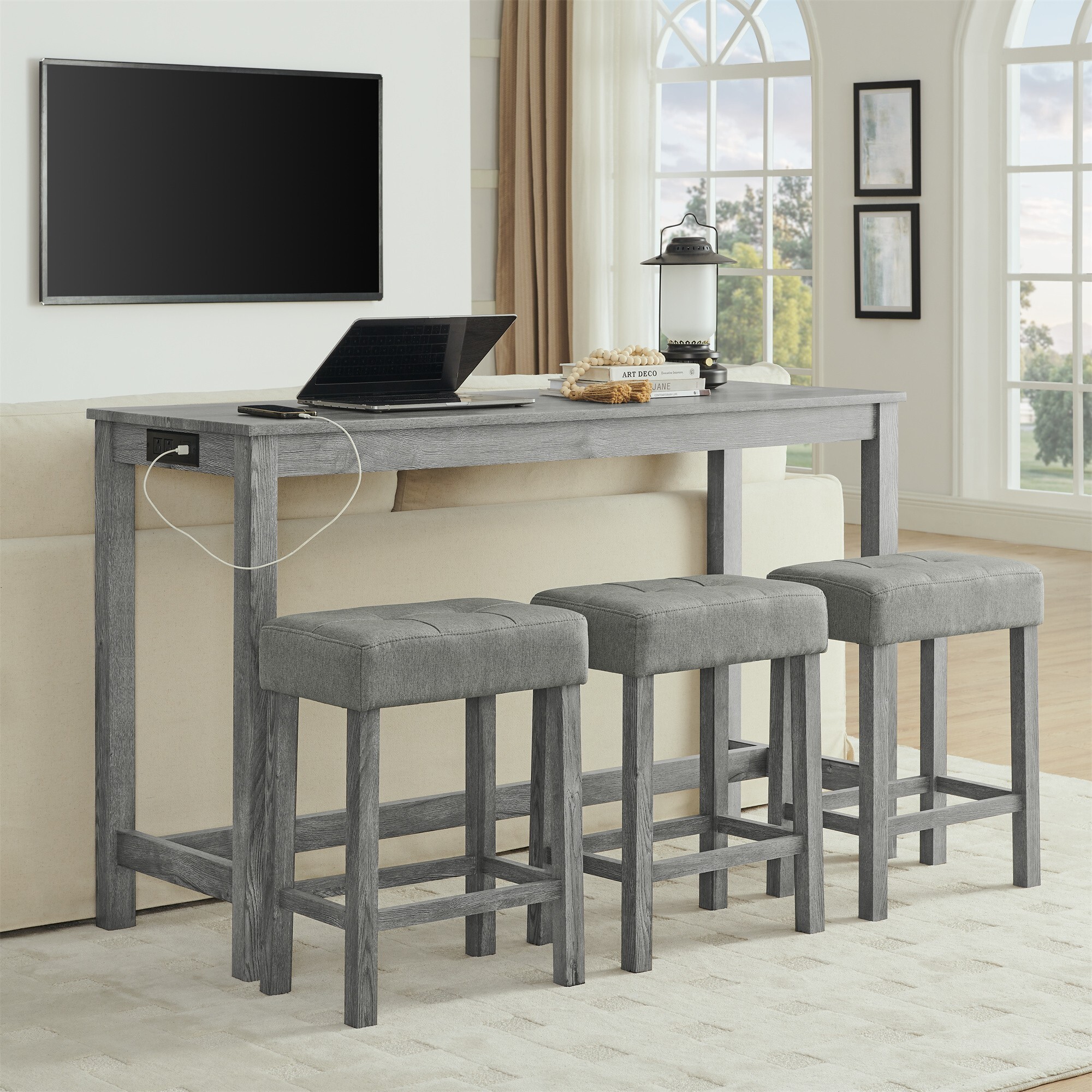 DEALTOPS 4-Piece Bar Table Set with Charging Station, 59" Counter Table with 3 Soft Stools for Small Space, Antique Gray