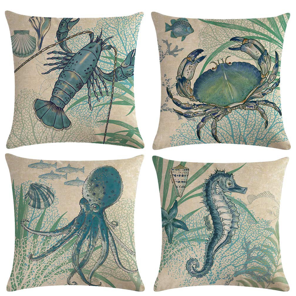4pcs pillow decorative for sofa cushion covers fish seahorse crab octopus turtle