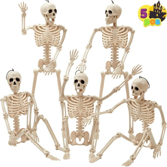 5-Pack 16" Posable Halloween Skeleton Decor - Full-Body Flexible Joints Hanging Skeletons for Graveyard, Haunted House & Spooky Party Decorations (Lifelike Design, Easy to Hang, Durable Plastic)