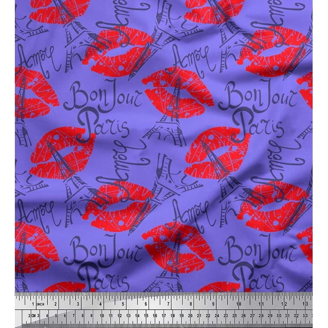 Soimoi Purple polyester Crepe Fabric Text,Eiffel Tower & Lips Women Fabric Prints By Yard 52 Inch Wide