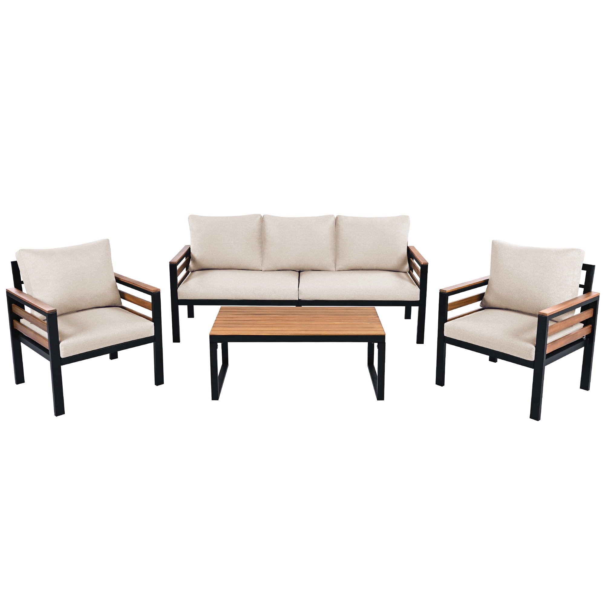 Leumius 4 Pieces Patio Furniture Set,Outdoor Patio Conversation Set with Removable Cushion and Solid Wood Coffee Table for Poolside, Backyard,Garden,Beige