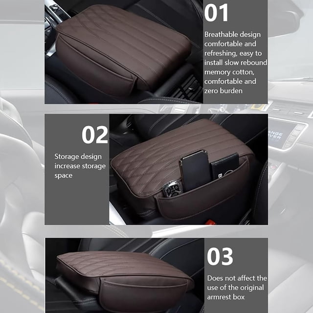 Car Center Console Cushion Pad Thickened Leather Armrest Cover with Side Storage Pocket 33X17Cm for Vehicle Armrest Protection