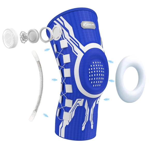 Kuangmi Professional Knob Adjustment Knee Brace – Sports Knee Support with Side Stabilizers & Patella Gel Pad for Men & Women, Ideal for Basketball, Running, Weightlifting(Blue White Single Right XL)