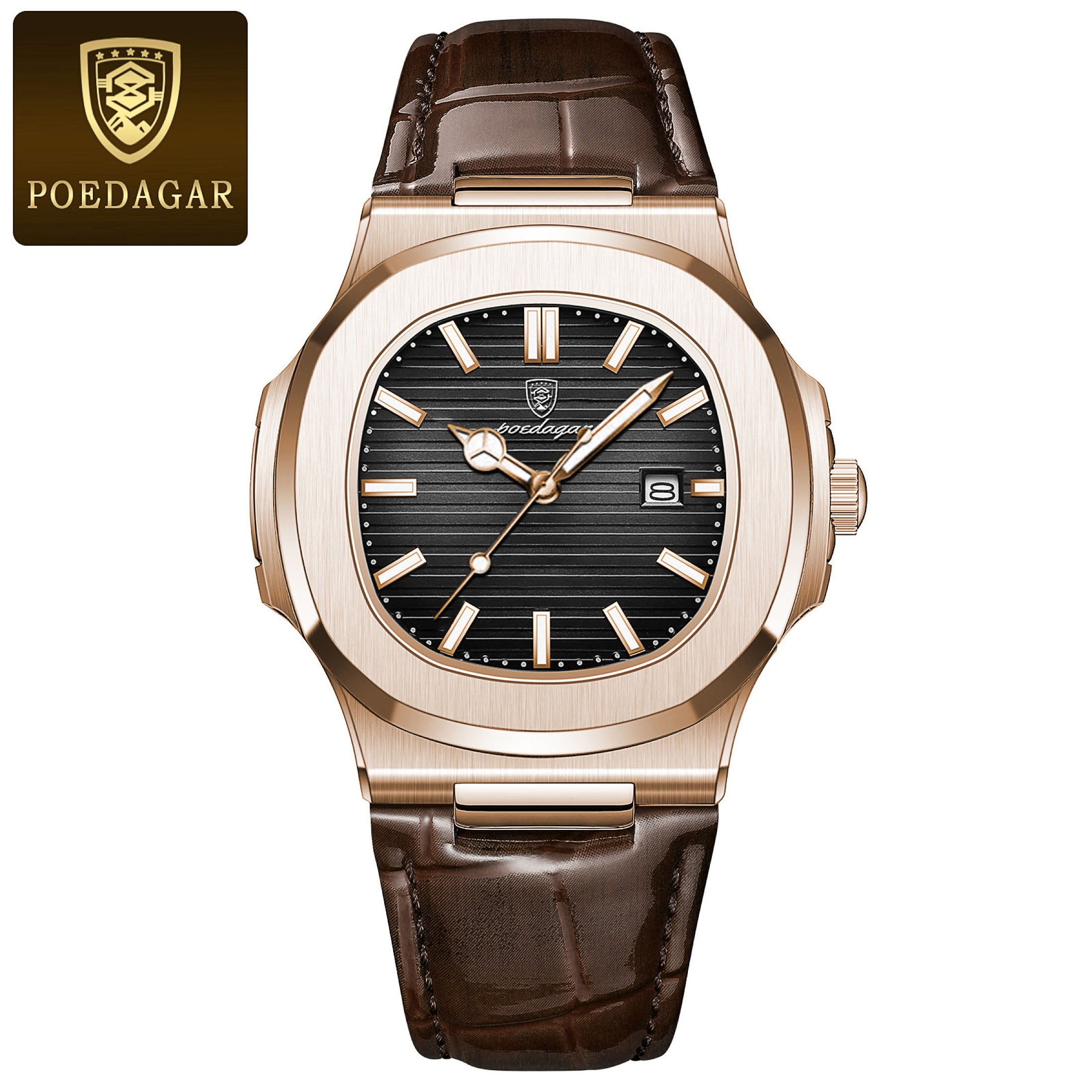 POEDAGAR Montre-Bracelet Carrée de Luxe pour Hommes en Cuir Quartz