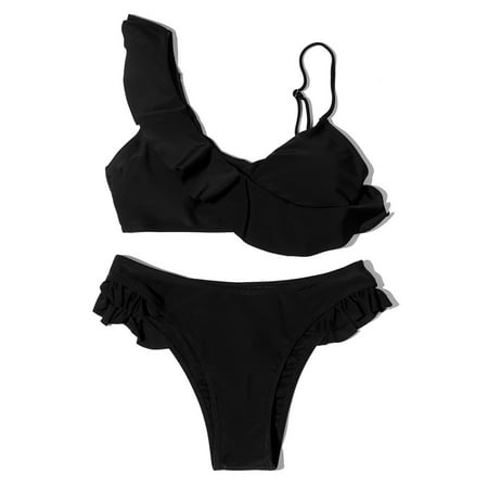 

koaiezne Ruffled Split Leaf Swimsuit Print One-shoulder Bikini Female Womens Swimwears Tankinis Set Tie up Bra Swimming Sports Bra