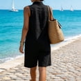 thumbnail image 4 of Women's Cotton Linen Outfit Stand Collar Sleeveless Henley Top Knee Length Bermuda Shorts Casual Set Black S, 4 of 4