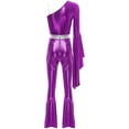 thumbnail image 4 of TiaoBug Women 70s Disco Costume One Shoulder Long Sleeve Bell Bottom Hippie Club Jumpsuit Purple XXL, 4 of 5