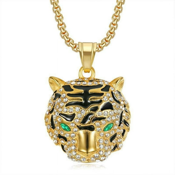 14K Yellow Gold Hip Hop Punk Iced Out Green Eye Tiger Head Pendant Collar Chains Necklace for Men Women Jewelry