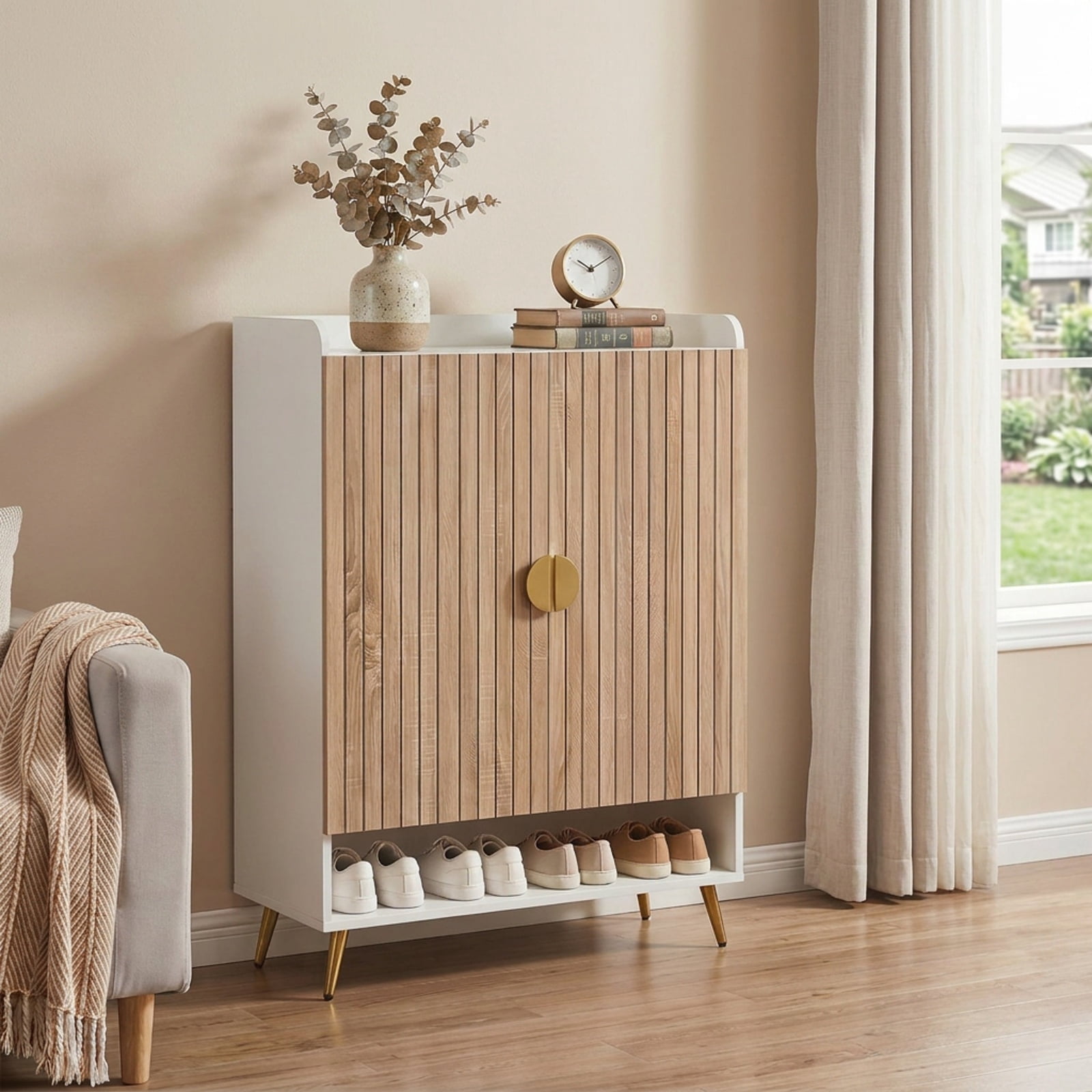 Furnibear 44 Inch Tall Shoe Storage Cabinet with 7 Tier Doors and Adjustable Shelves for Entryway Hallway Closet, Natural