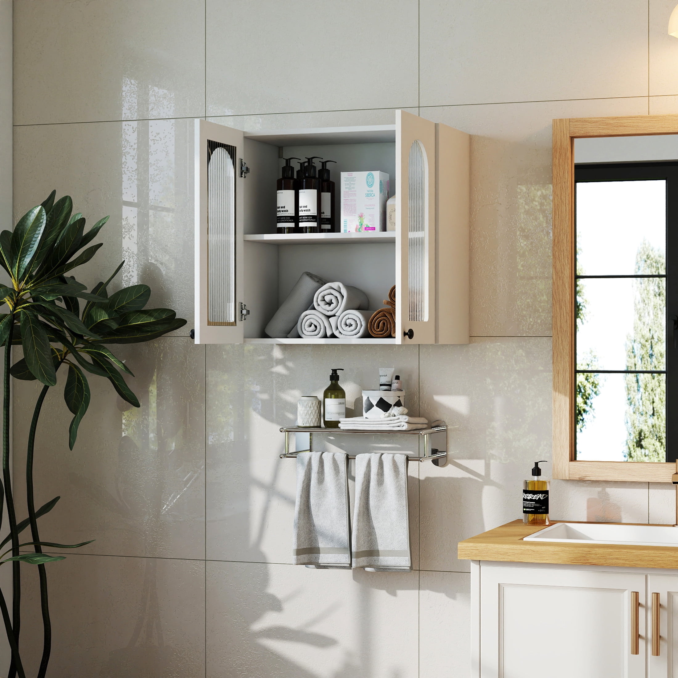 Noble House Arched Glass Door Wall Display Cabinet, Modern Floating Storage Cabinet for Kitchen & Bathroom, White