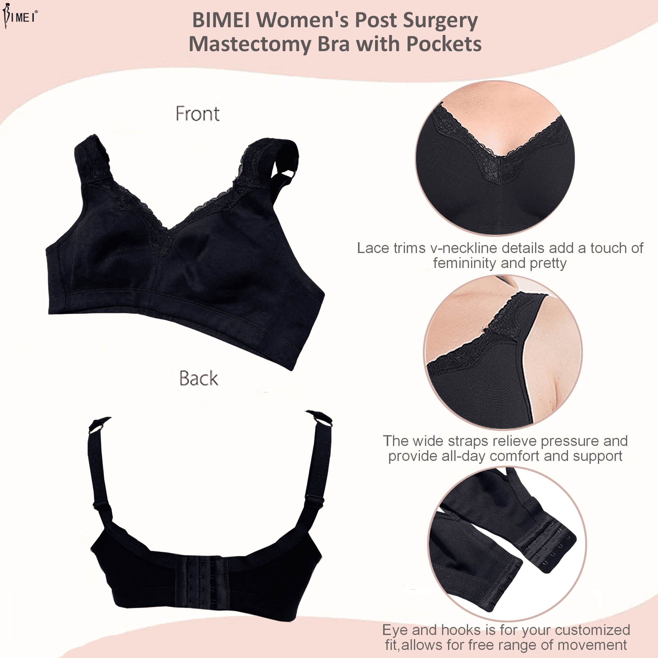 BIMEI Women's Mastectomy Bra Lace Plus Size Full Coverage Non Padded Comfort Cotton Wirefree Bra with Pocket,Black,36D