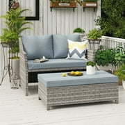 OC Orange-Casual 2-Piece Outdoor Patio Furniture Wicker Love-seat and Coffee Table Set, with Built-in Storage Bin, Grey Rattan, Grey Cushions