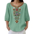 thumbnail image 4 of Qulqfy Embroidered Womens Tops 3/4 Sleeve Fall Casual Floral Mint Green Tunic Henley V-Neck Cute Comfy Shirts L, 4 of 8