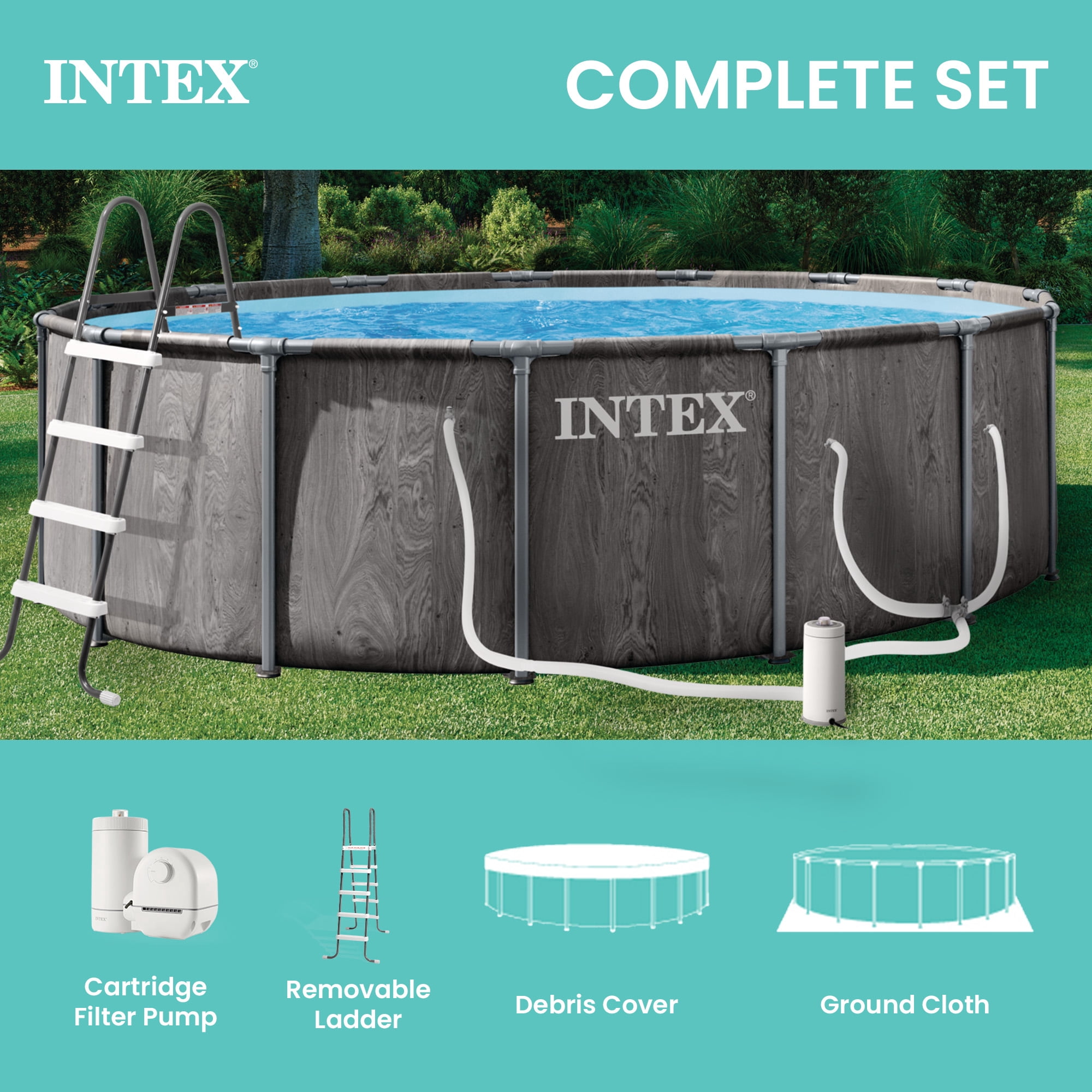 INTEX 26743EP Prism Frame 18'x48" Above Ground Pool w/ Pump, Ladder, Cover, Ground Cloth
