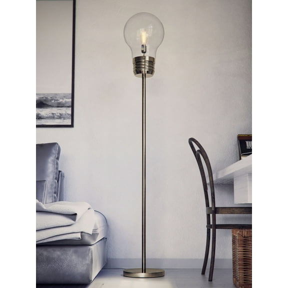 Kenroy Home Edison 71.5'' LED Floor Lamp with Clear Glass Novelty Shade Modern Floor Light Fixture for Living Room, Bedroom, or Office, 2700K, Antique Brass