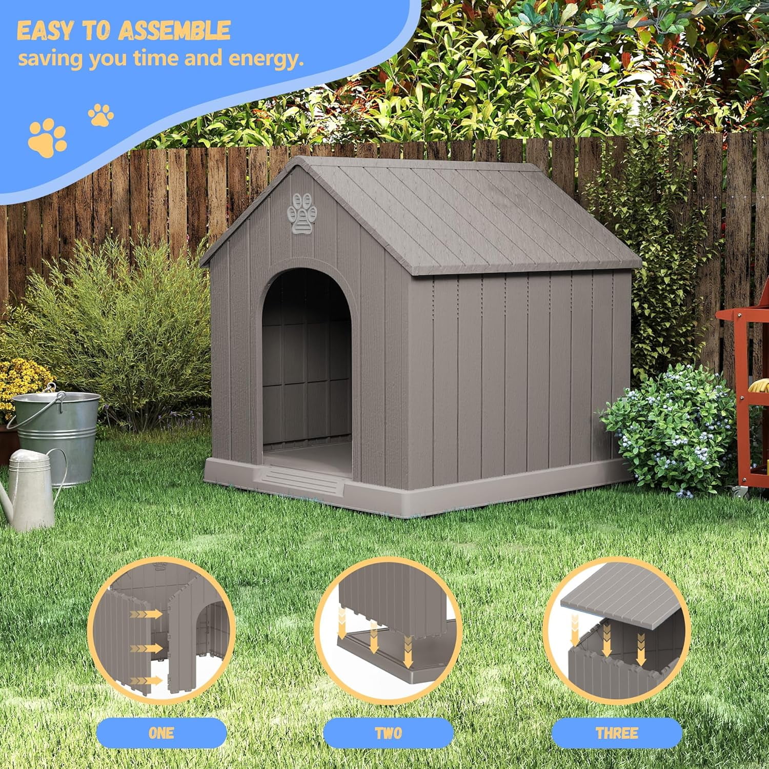 38 Inch Large Dog House with Waterproof- Indoor & Outdoor Pet Shelter for Small to Large Dogs, Easy Clean & Quick Assembly,Grey