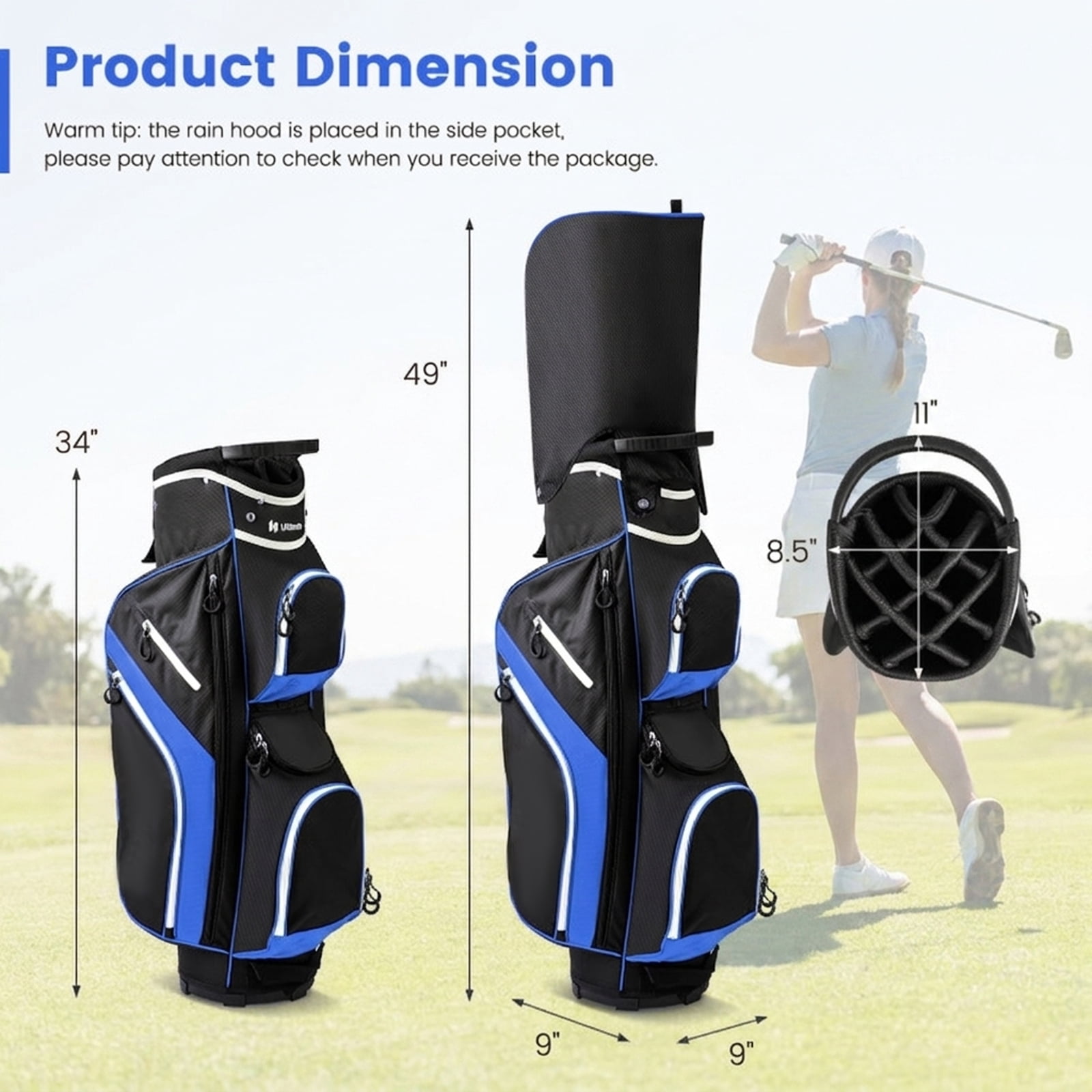 Airfind Tour-Cart 14-Way Golf Cart Bag with Color-Matched Rain Hood and Towel Ring featuring 9 zip pockets and a 9 in cart-well base for cart play, Marine Blue
