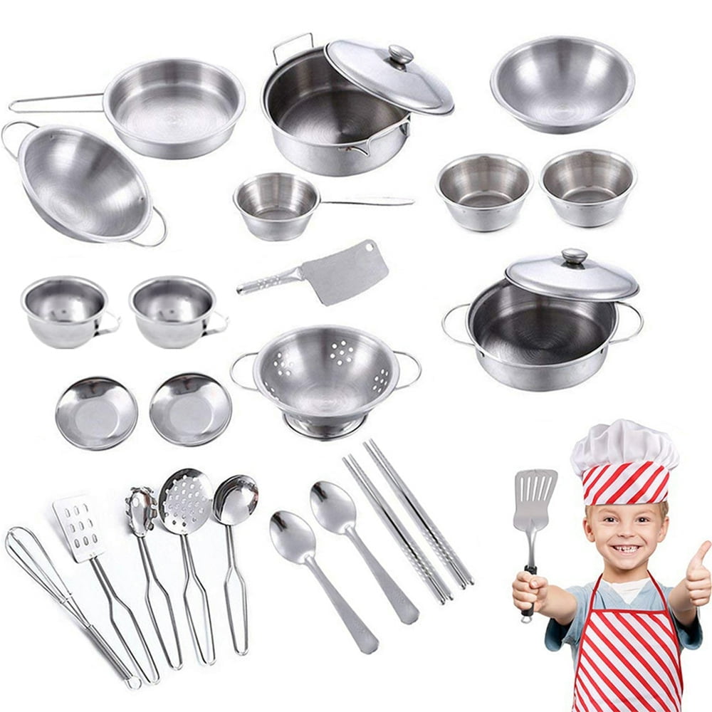 25Pcs Pretend Play Kitchen Cookware Set Stainless Steel Cookware Playset Pots Pans Cooking Utensils Set for Kids Toddlers Childrens Christmas New Year
